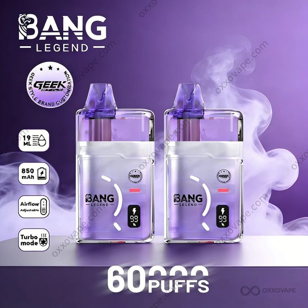 Bang Legend Geek 60000 eldobható vape álló helyzetben, fekete testtel, átlátszó e-folyadék ablakával és digitális slukk számlálójával
