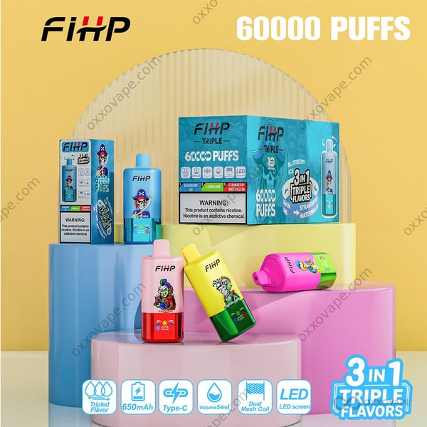 Side angle of FIHP 60000 vape showing Type-C charging port and triple flavor switch button