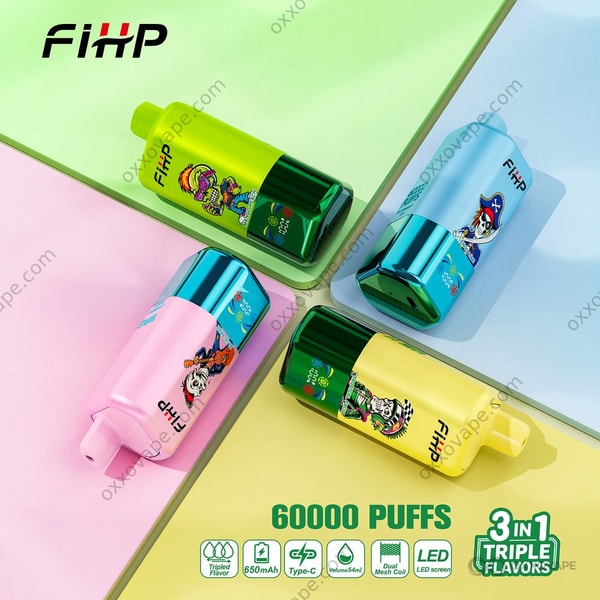 Vue de face de la cigarette électronique jetable FIHP 60000, avec écran LED intelligent et doubles aérations à mailles pour une meilleure circulation de l'air