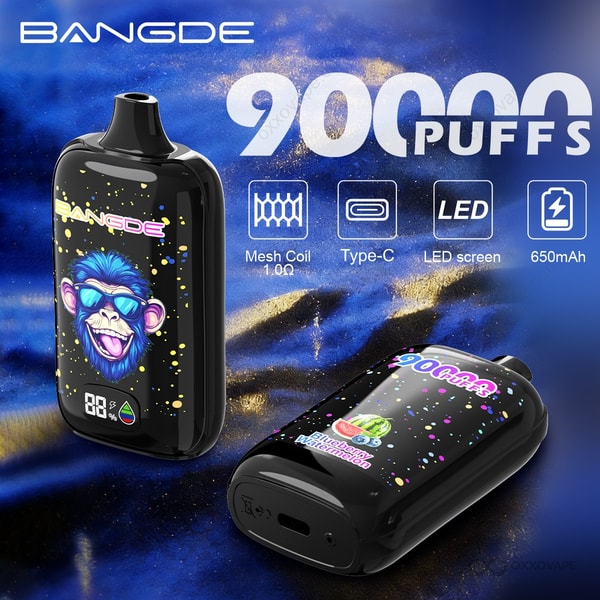 Bang DE 90000 vape side angle revealing Type-C charging port and mesh coil airflow base