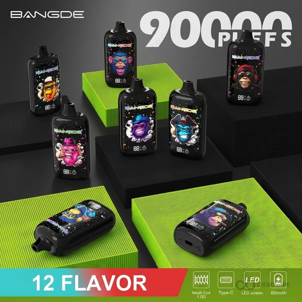 Vista frontal del vapeo desechable Bang DE 90000 mostrando pantalla LED y cuerpo cilíndrico elegante