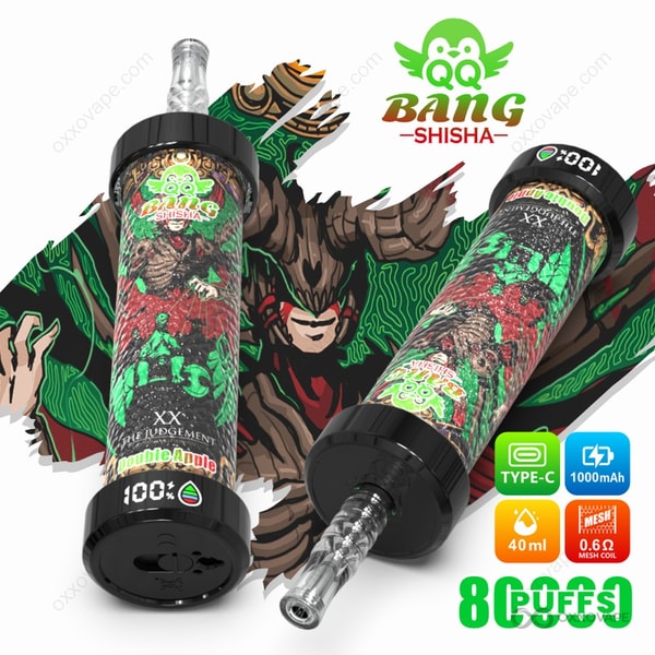 Double Apple flavor packaging for QQ Bang Shisha 80000 with green and red apple graphics