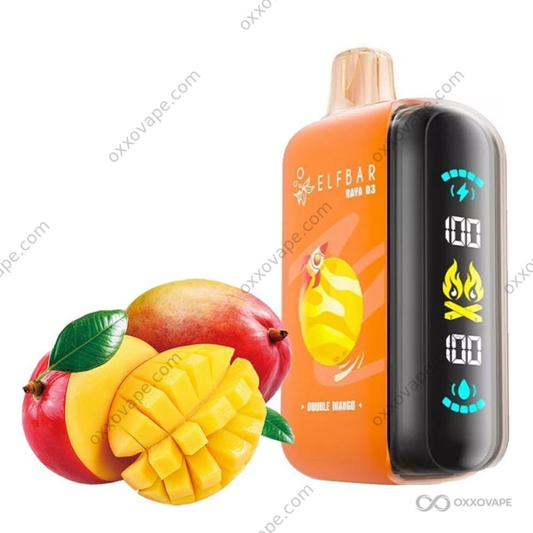 Double Mango flavor packaging for Elf Bar Raya D3 25000 disposable vape with tropical mango illustration