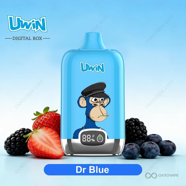 Dr Blue flavor packaging for Uwin Digital Box 12000 vape featuring vivid blue raspberry and citrus artwork