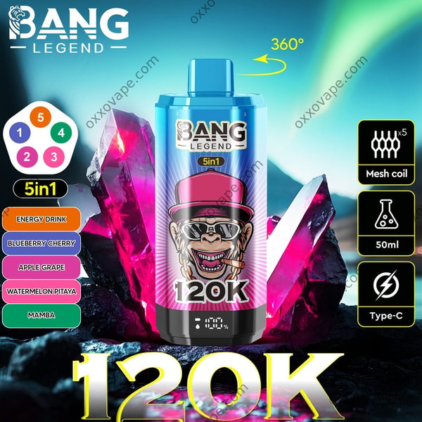 Visuel du Bang Legend 120000 pour la saveur Boisson Énergisante Myrtille Cerise Pomme Raisin Pastèque Fruit du Dragon Mamba