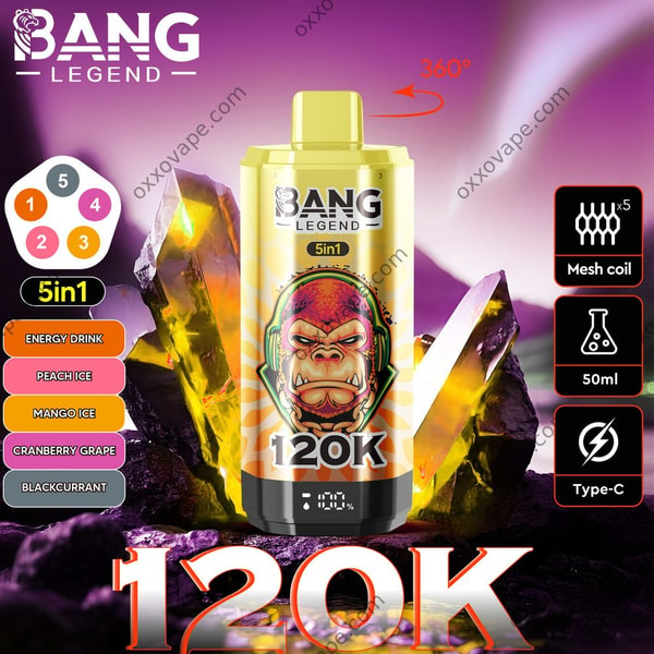 Packaging Bang Legend 120000 montrant la gamme Boisson Énergisante Pêche Glacée Mangue Glacée Canneberge Raisin Cassis