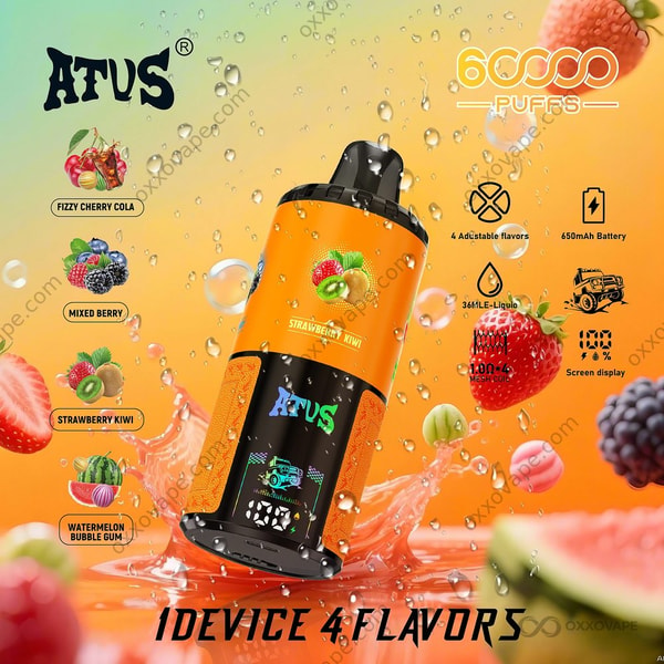 ATVS Warship 60000 orange device packaging for Fizzy Cherry Cola, Mixed Berry, Strawberry Kiwi and Watermelon Bubble Gum