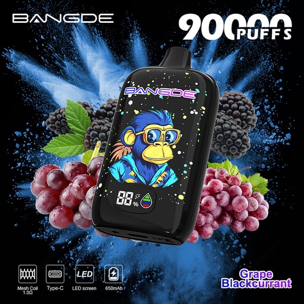 Bang DE 90000 Grape Blackcurrant flavor box with deep purple fruit artwork