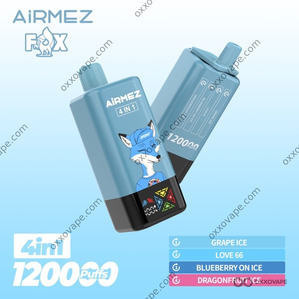 Airmez Fox 120000 Box mit Trauben-, Blaubeer- und Drachenfrucht-Grafiken auf matt-lila Hintergrund