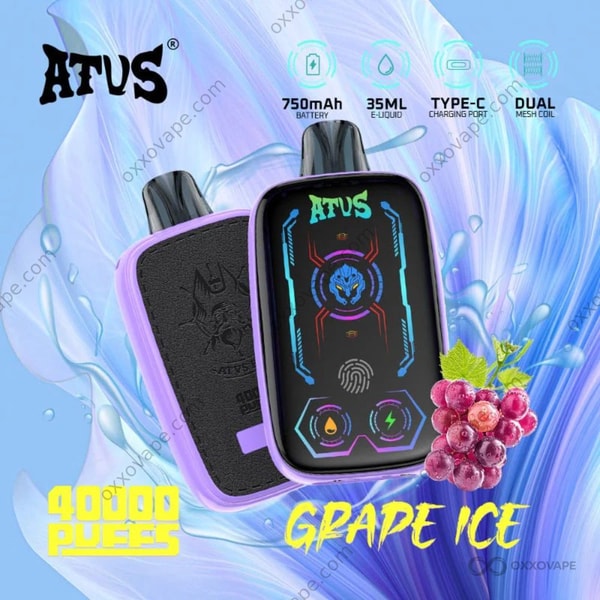 Deep purple ATVS 40000 packaging box showing grape cluster artwork with icy blue highlights