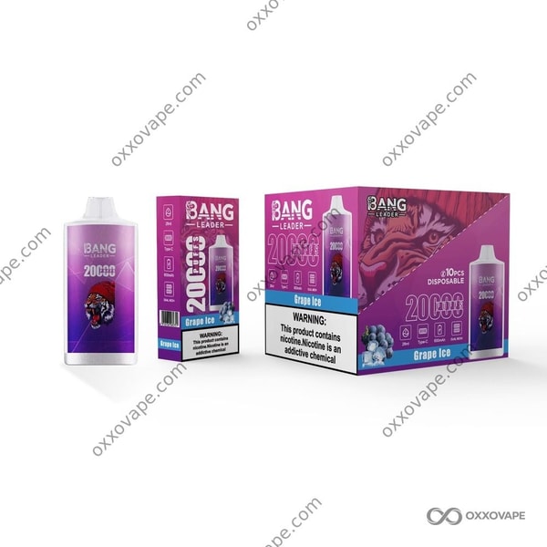 Grape Ice flavor box for Bang Leader 20000 vape with frosted grape cluster graphics