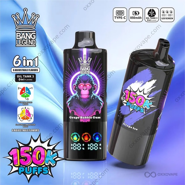 Bang Legend 150000 box showing purple grape cluster artwork for grape bubble gum flavor set