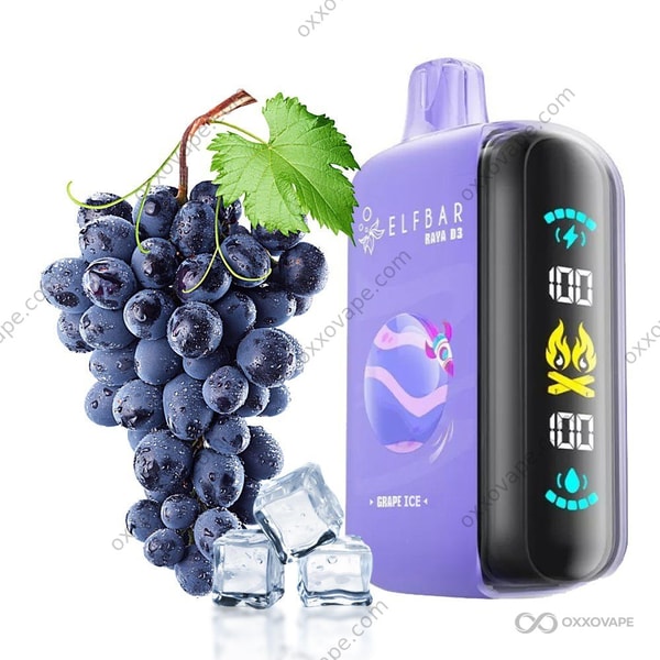 Grape Ice flavor packaging for Elf Bar Raya D3 25000 disposable vape with frosted purple grape artwork