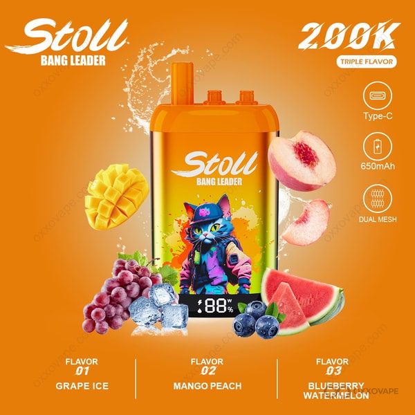 Packaging box for Bang Leader Stoll Grape Ice Mango Peach Blueberry Watermelon flavor trio with purple and orange artwork