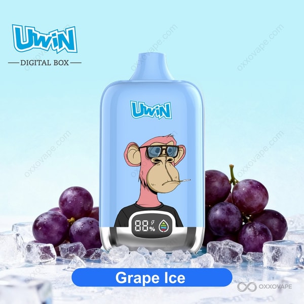 Grape Ice flavor packaging for Uwin Digital Box 12000 vape featuring deep purple grape cluster design