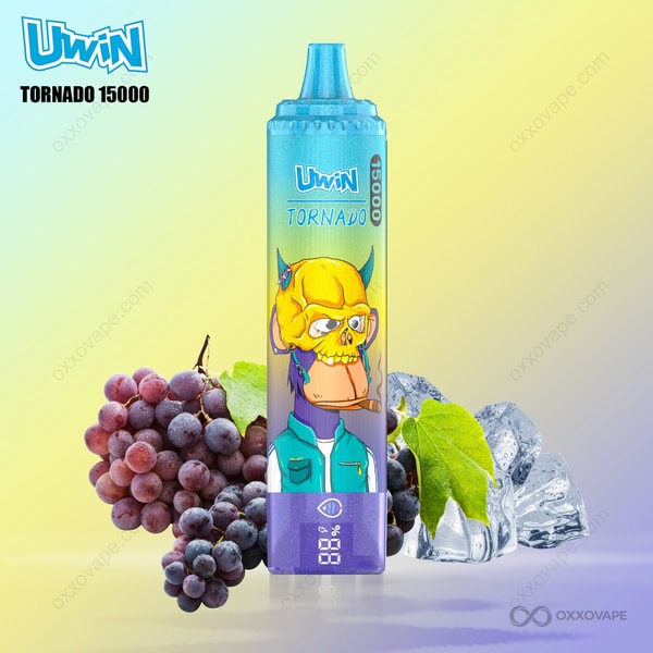 Uwin Tornado 15000 vape device with grape and ice imagery on a pastel background