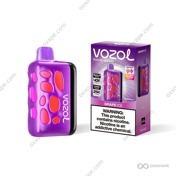 Vozol Rave 40000 Grape Ice flavor box featuring purple grape clusters and icy frost design