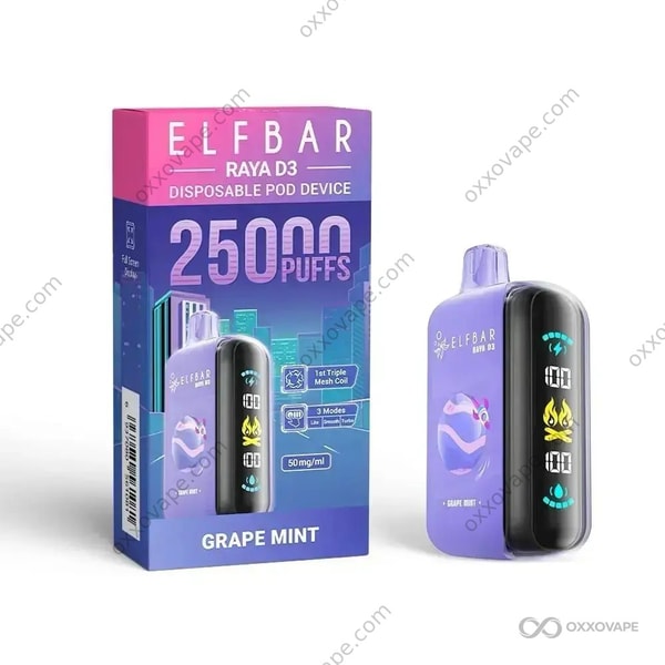 Grape Mint flavor box for Elf Bar Raya D3 25000 disposable vape with purple grapes and mint leaf graphics