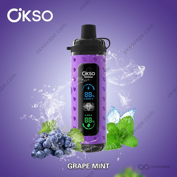 Verpackung der Grape Mint Geschmacksrichtung für den OKSO Shisha Max 40000 Vape mit lila Trauben- und Minzblatt-Design