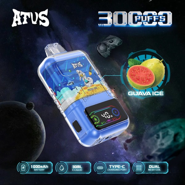 Guava Ice flavor box for ATVS 30000 vape with pink tropical guava fruit artwork