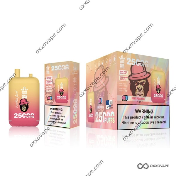 Juicy Peach Ice flavor packaging for Bang King 25000 disposable vape with peach imagery