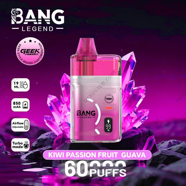 Kiwi Passion Fruit Guava flavor packaging for Bang Legend Geek 60000 with green and pink tropical fruit art