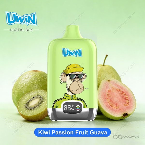 Kiwi Passion Fruit Guava flavor box for Uwin Digital Box 12000 vape with tropical green and orange fruit design