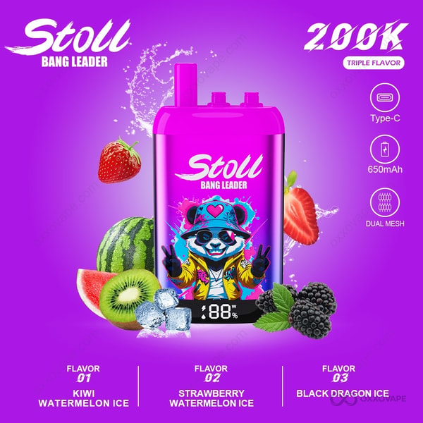 Packaging for Kiwi Watermelon Ice Strawberry Watermelon Ice Black Dragon Ice flavor trio with dark green dragon graphic