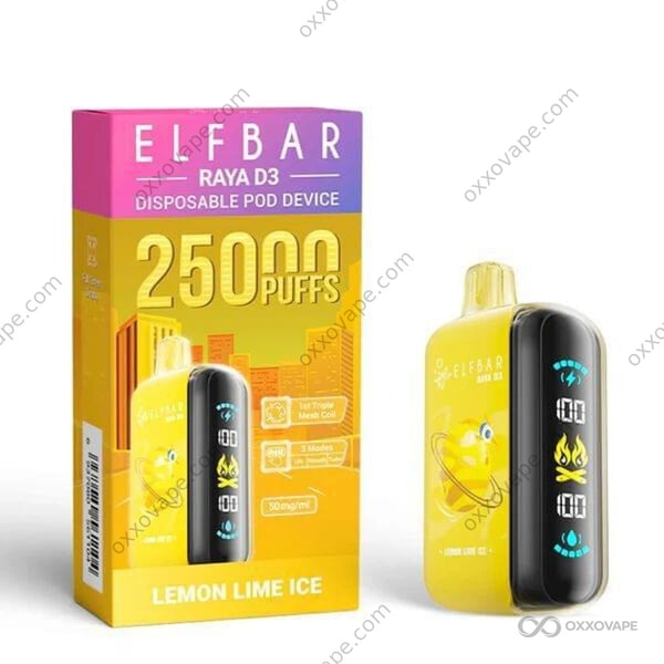 Lemon Lime Ice flavor packaging for Elf Bar Raya D3 25000 disposable vape with citrus slices and frost effect
