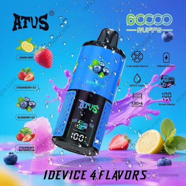 ATVS Warship 60000 blue device variant with Lemon Mint, Strawberry Ice, Blueberry Ice and Strawberry Watermelon flavors
