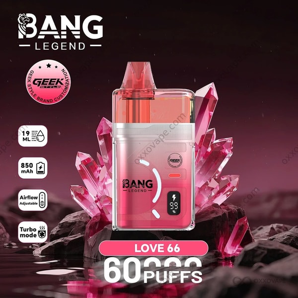 Love 66 flavor packaging for Bang Legend Geek 60000 with pink and gold themed box art