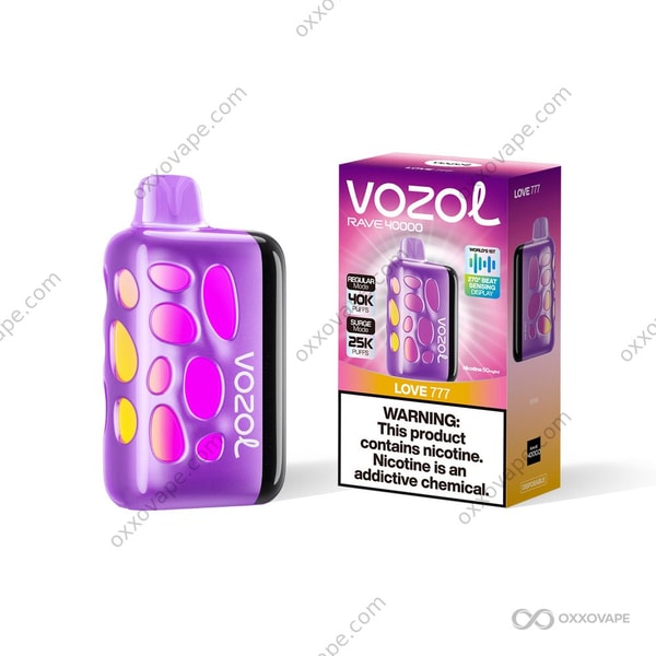 Vozol Rave 40000 Love 777 flavor box with vibrant purple and gold mystery fruit design