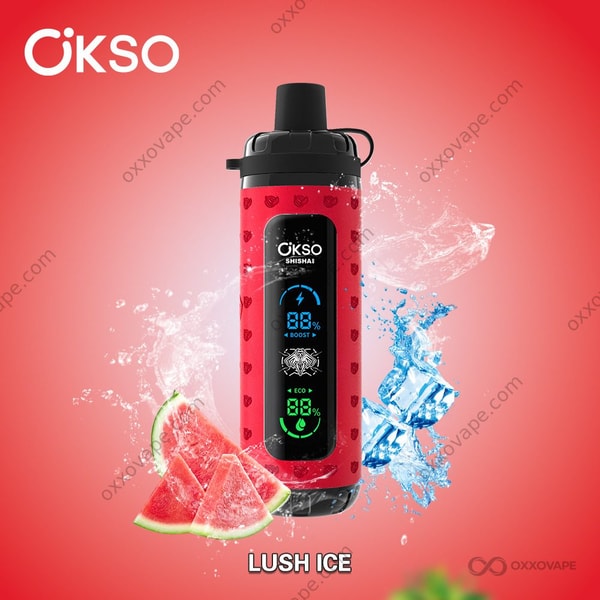Verpackung der Lush Ice Geschmacksrichtung für den OKSO Shisha Max 40000 Vape mit Wassermelonenstücken und kühlem blauen Frost-Design