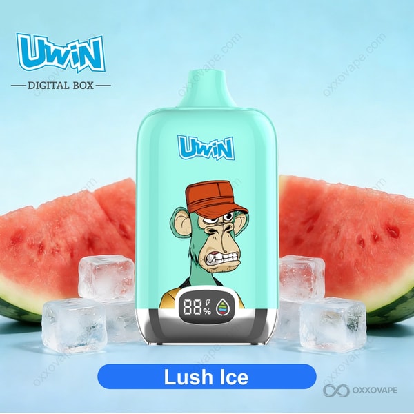 Lush Ice flavor packaging for Uwin Digital Box 12000 vape with frosty watermelon and ice crystal graphics