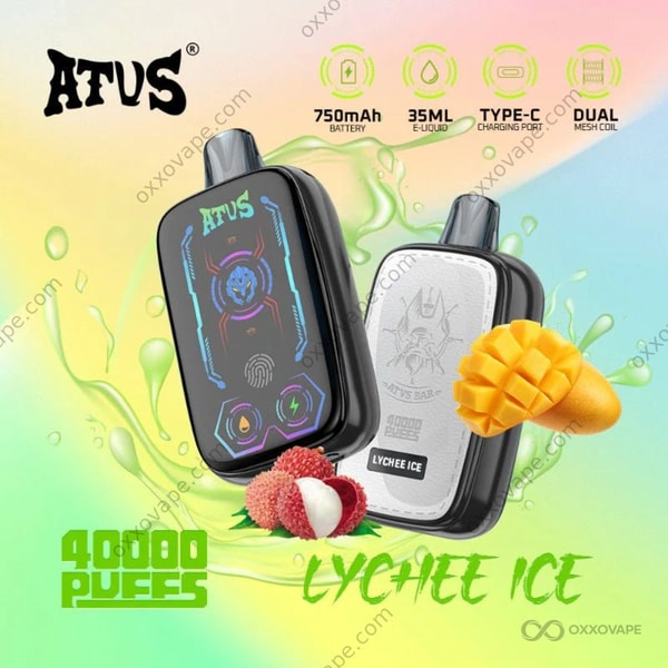 Pink and white ATVS 40000 box featuring lychee fruit artwork with frosted cooling design