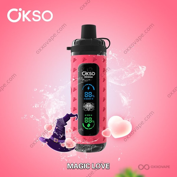 Verpackung der Magic Love Geschmacksrichtung für den OKSO Shisha Max 40000 Einweg-Vape mit rosa-lila Herzmotiven
