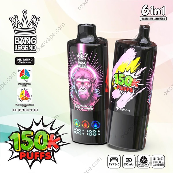 Bang Legend 150000 box showing orange mango and colorful gummy bear graphics