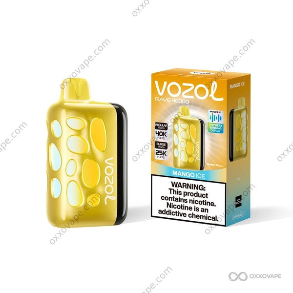 Vozol Rave 40000 Mango Ice flavor box showing golden mango slices with a cool blue frost overlay