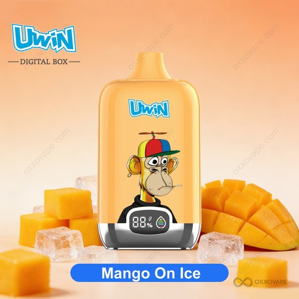 Mango On Ice flavor box for Uwin Digital Box 12000 vape showing tropical mango with icy blue background