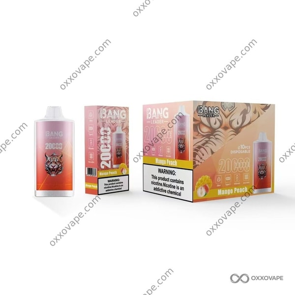 Mango Peach flavor box for Bang Leader 20000 vape featuring tropical mango and peach imagery