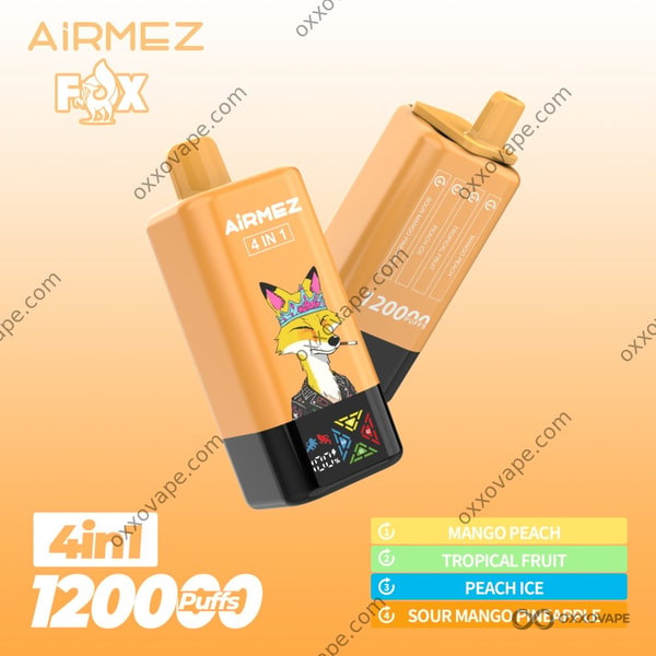 Airmez Fox 120000 Verpackung mit Mango-, Pfirsich- und Ananas-Symbolen tropischer Früchte