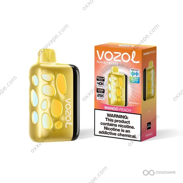 Vozol Rave 40000 Mango Peach flavor box showing orange mango and soft pink peach artwork