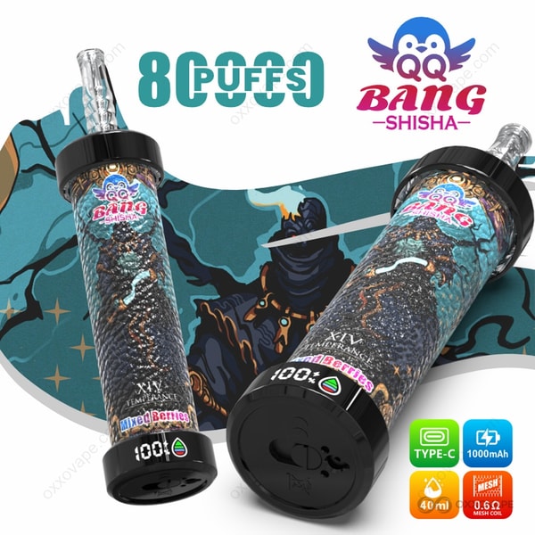 Mixed Berries flavor box for QQ Bang Shisha 80000 featuring blackberry, raspberry, and strawberry artwork