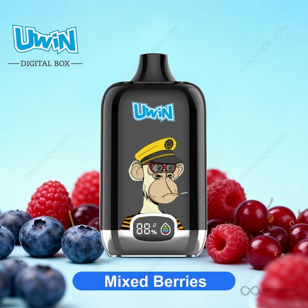 Mixed Berries flavor packaging for Uwin Digital Box 12000 vape with assorted berry cluster illustration