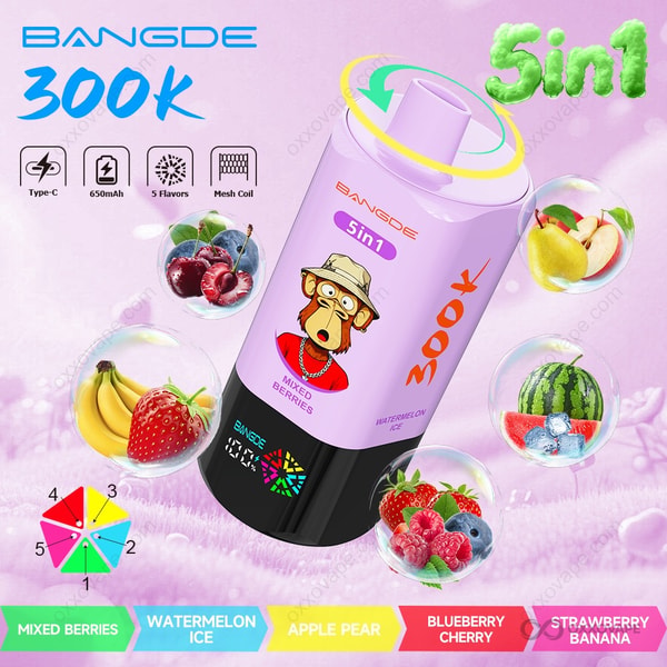 Bang DE 300000 packaging featuring Mixed Berries, Watermelon Ice, Apple Pear, Blueberry Cherry and Strawberry Banana artwork