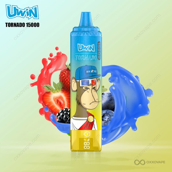 Mr Blue flavor packaging for Uwin Tornado 15000 with blue slushie character artwork