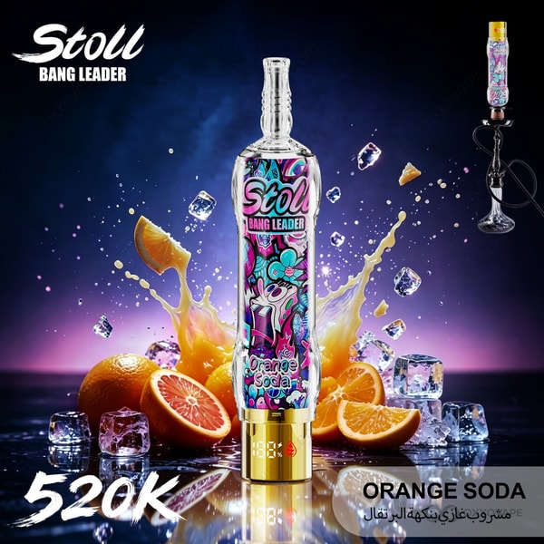 Orange Soda flavor packaging of Bang Leader Stoll 520000 vape with colorful fruit illustration.