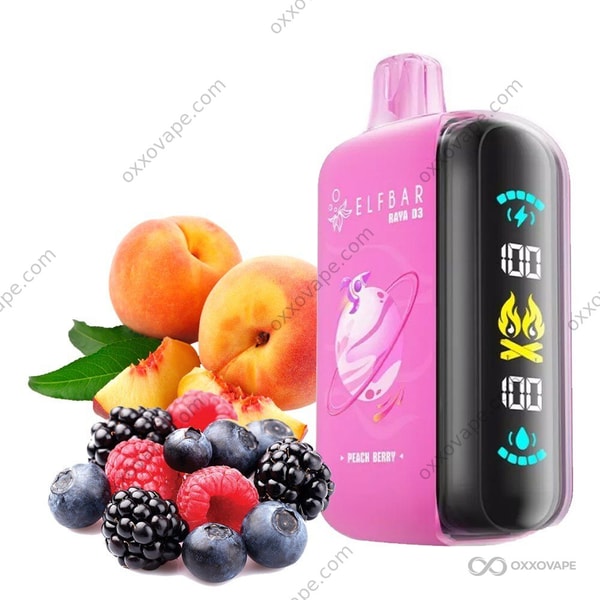 Peach Berry flavor packaging for Elf Bar Raya D3 25000 disposable vape with peach and mixed berry graphics