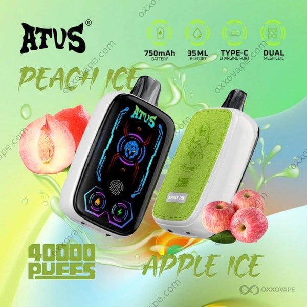 Soft orange ATVS 40000 box depicting a sliced peach with icy cooling graphic elements