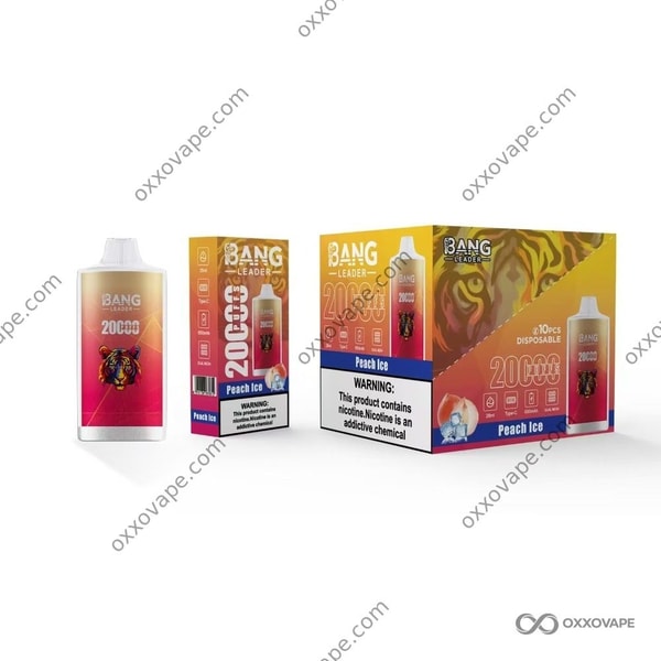 Peach Ice flavor packaging for Bang Leader 20000 vape with frosted peach slice imagery
